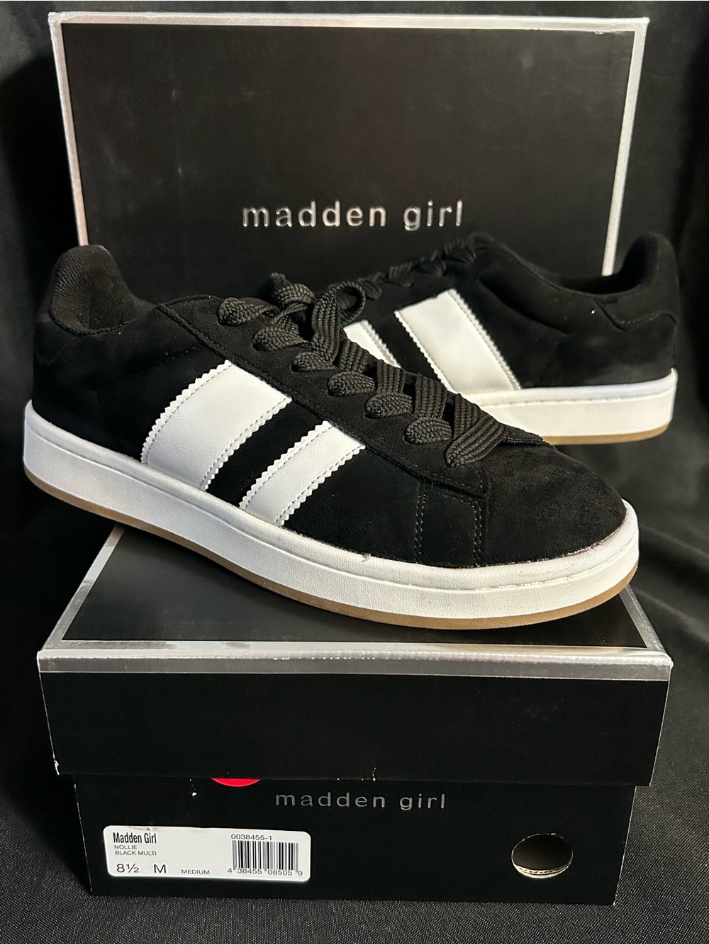 Madden Girl Nollie Black & White Microsuede Sneakers Women’s SZ 8.5 BNIB
